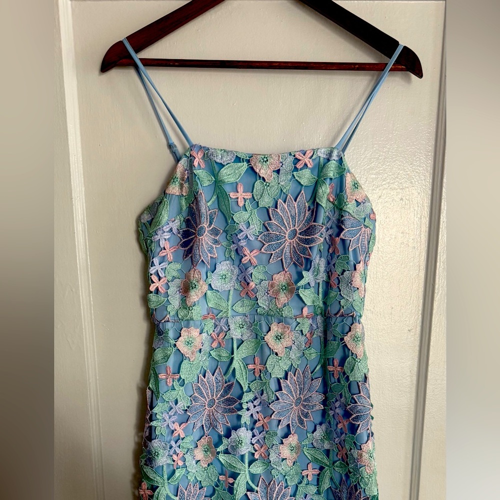 Blue Floral Lace Dress 
Compliments The Curve Of Your Body.